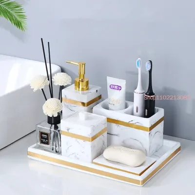 

Resin Bathroom Set Liquid Soap Dispenser/Dish Toothbrush Holder Gargle Cup Tray Cotton Swab/Tissue Box Sell Separately Nordic