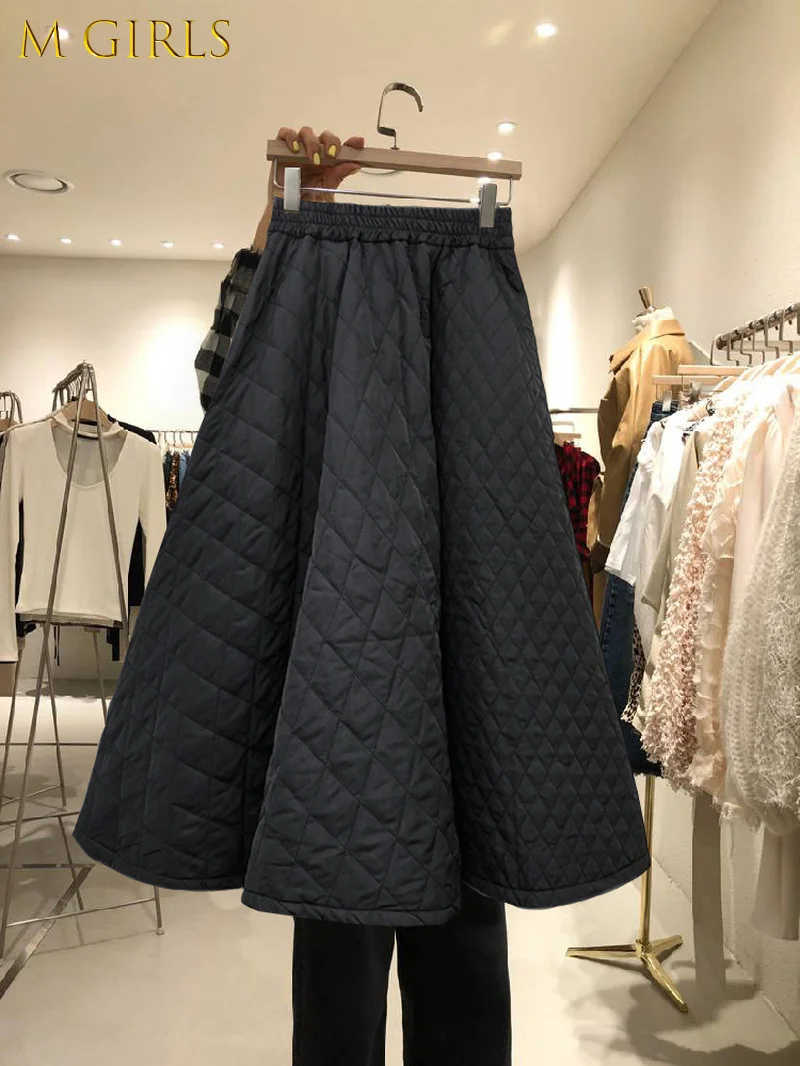 

F GIRLSLoose Autumn Winter Thick Big Swing Elastic High Waist Black Skirt Women Quilted Argyle Plaid Casual Retro Mujer