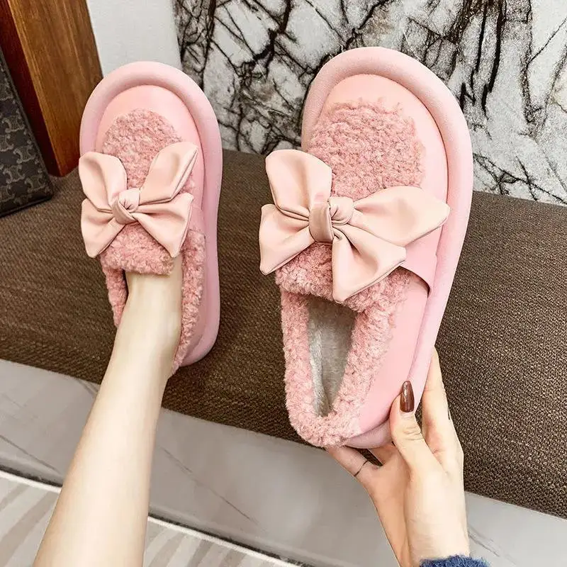 35-43 Plus Size New Winter Warm Fur Shoes Women Flats Beading Moccasins Outside Loafers Ladies Bowknot Peas Shoes