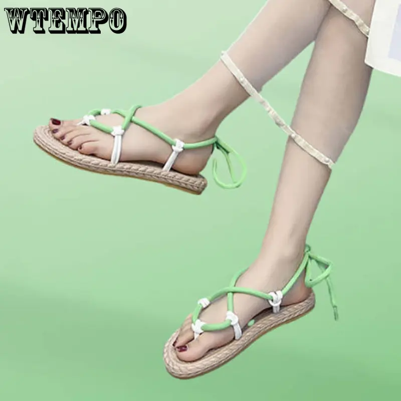 

WTEMPO Ladies Shoes Sweet Cross-tied Elastic Ankle Strap Summer Beach Flat Thong Casual Female Shoes Women Sandals Dropshipping