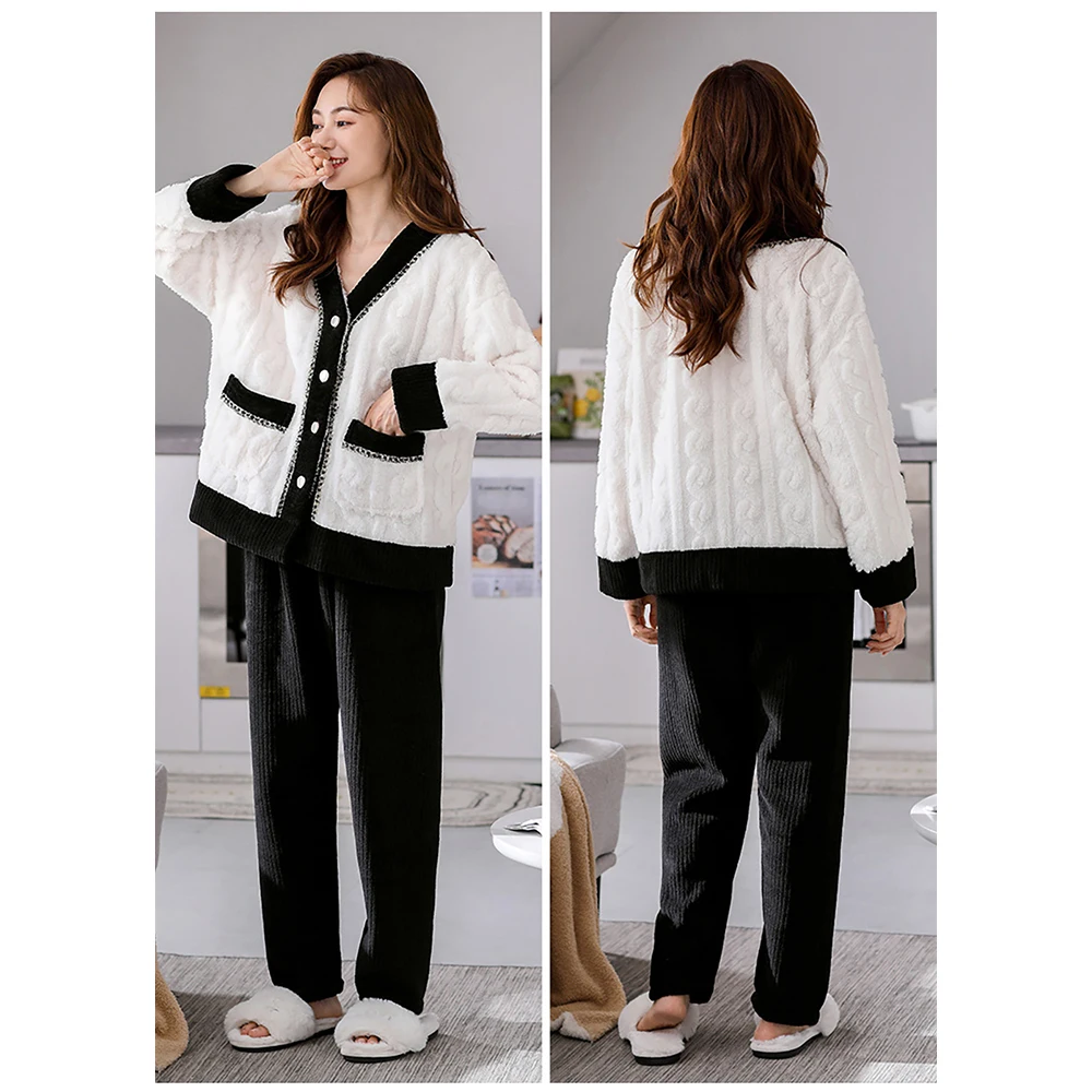 Sweet Princess Pajama Sets for Women Winter Warm Thick Flannel Sleepwear Trendy Patchwork V Neck Pjamas Casual Pijama Loungewear