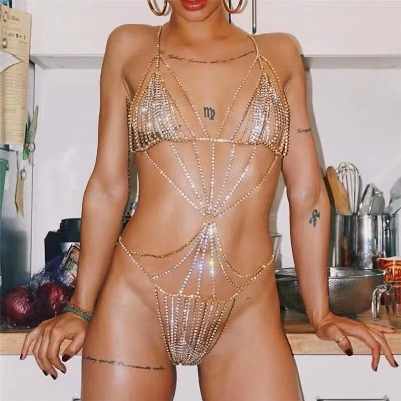 

Цепочка для тела со стразами, Модный Блестящий ночной клуб с инкрустацией стразами, вечерний бюстгальтер, стринги, костюм бикини со стразами