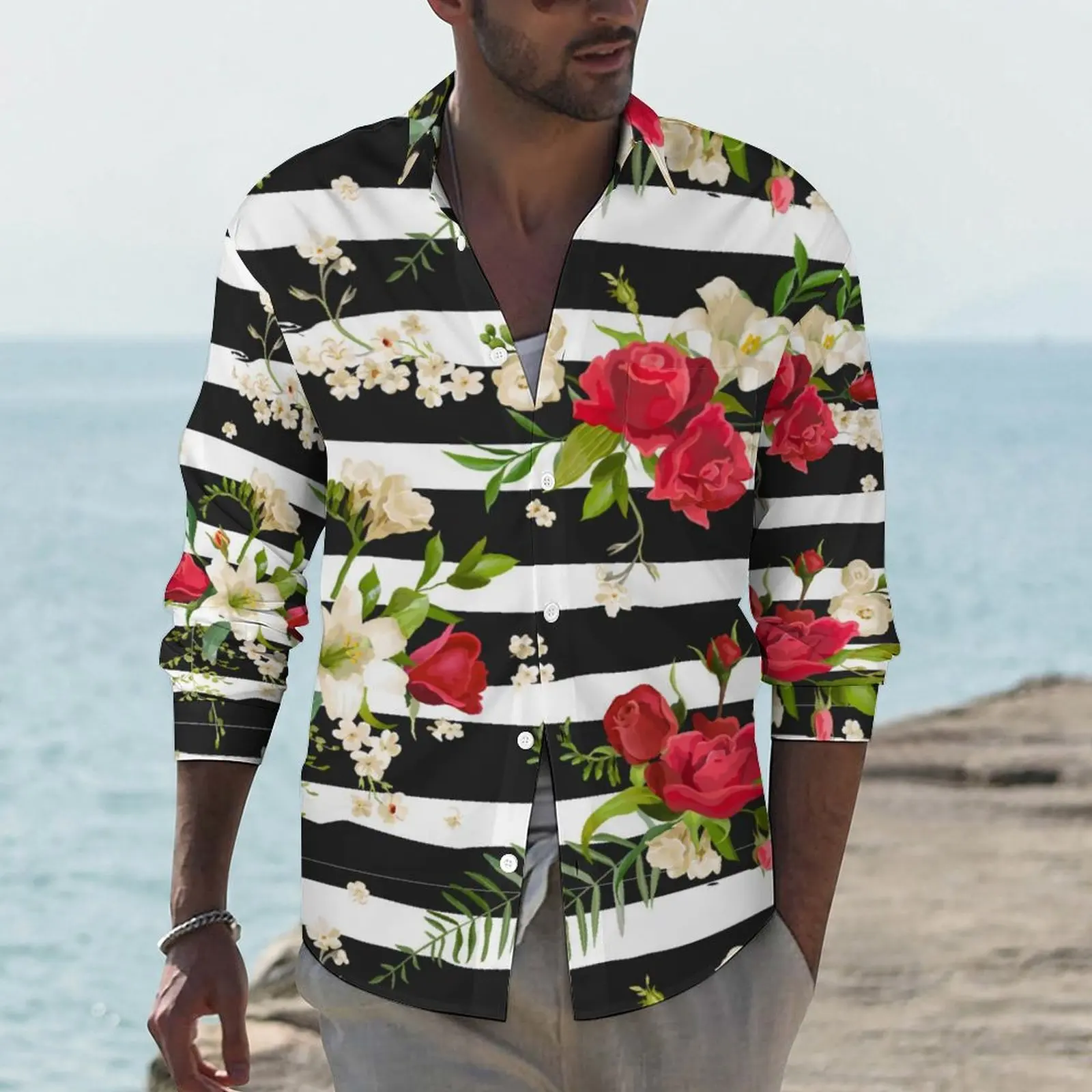 

Повседневные рубашки в черно-белую полоску с цветочным рисунком, забавные блузки с длинным рукавом и принтом, Весенняя трендовая одежда оверсайз