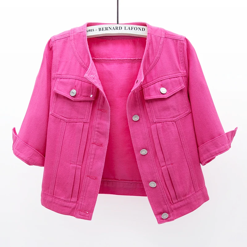 

Rose Red Denim Jacket Women Summer Thin O Neck Half Sleeve Slim Short Cowboy Outerwear Fashion Big Pocket Jeans Jacket Female