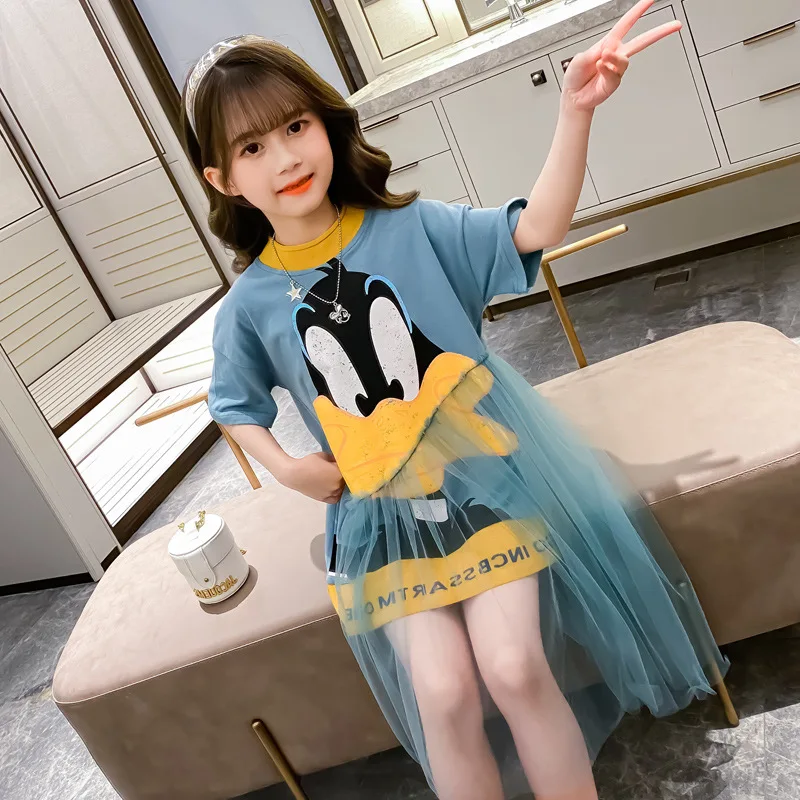 

2022 Summer teenager baby Girls Dress Clothes duck lace mesh Off Shoulder Grandiose blue Long Beach 3 4 5 6 7 8 9 10 12 years