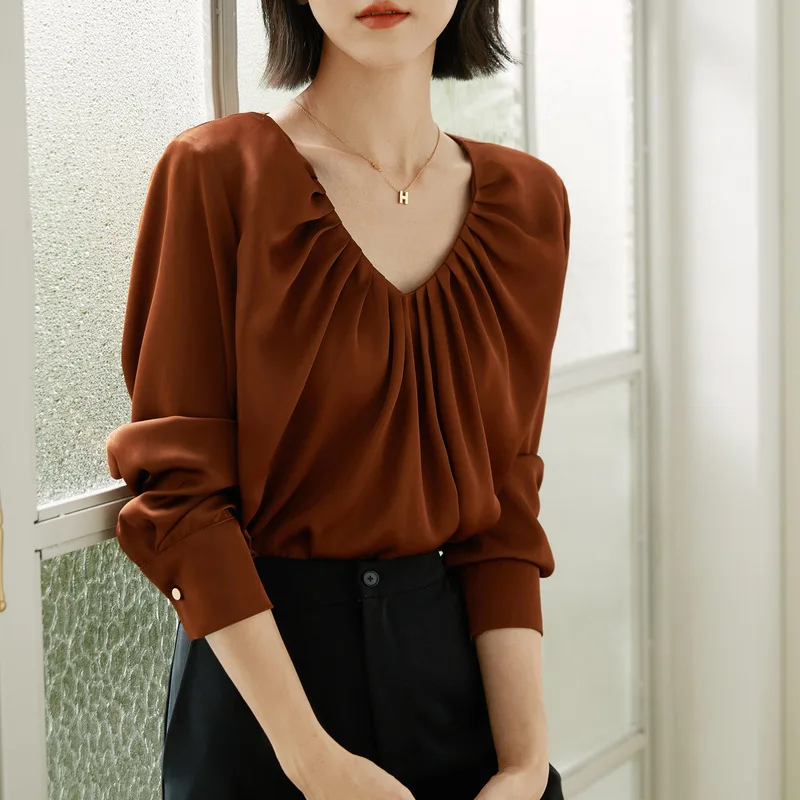 Women's Clothing Fashion V-neck Chiffon Shirts Long Sleeve Spring Korean Quality Small Blouse Pleated Blouse Female Ladies Tops