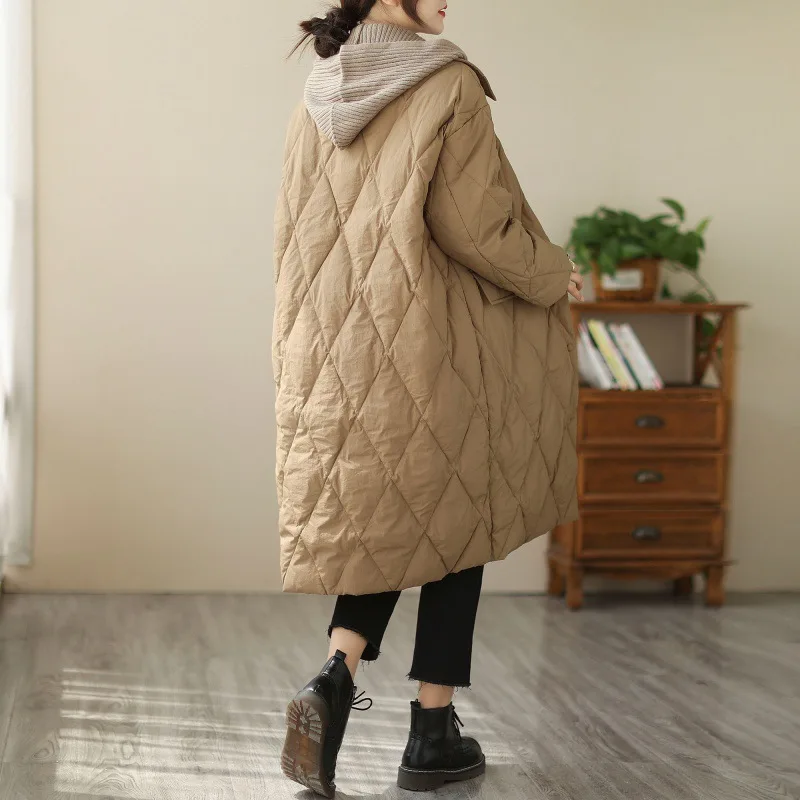 Detachable hooded lapel cotton jacket women's mid-long winter 2022 diamond lattice mid-long cotton jacket