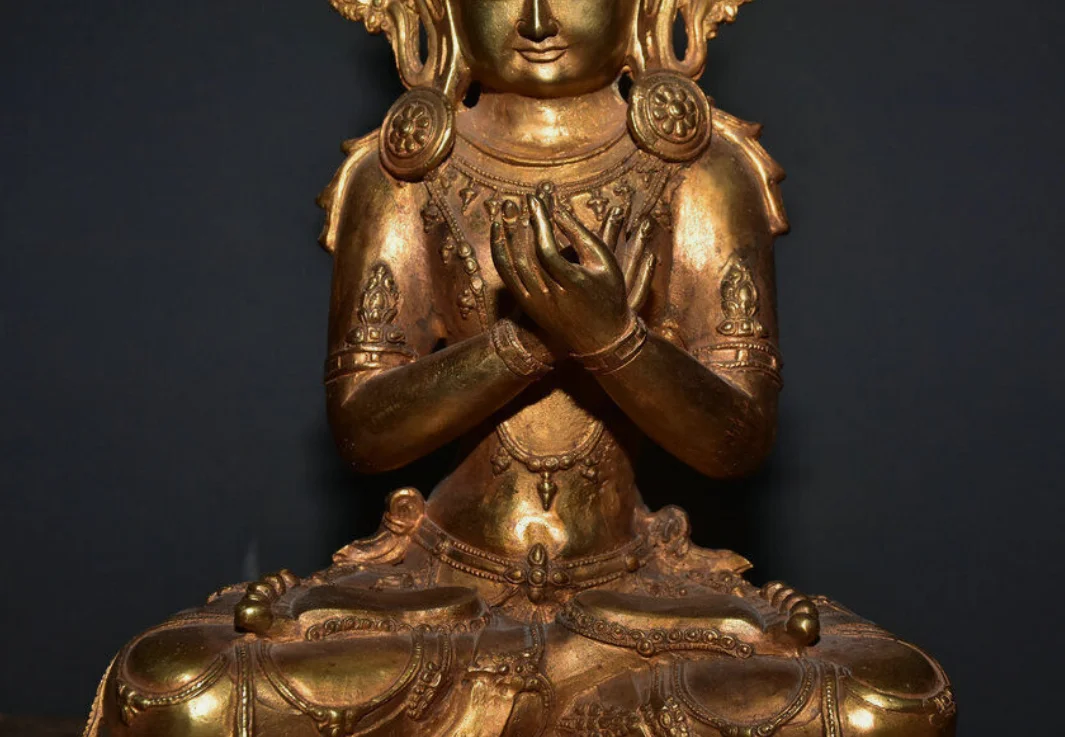 12 8-дюймовая старая тибетская бронза позолоченная статуя Амитаюса долголетия