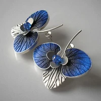 fantasy blue leaf flower stud earrings for women charms accessories lady girl party statement earrings new butterfly jewelry