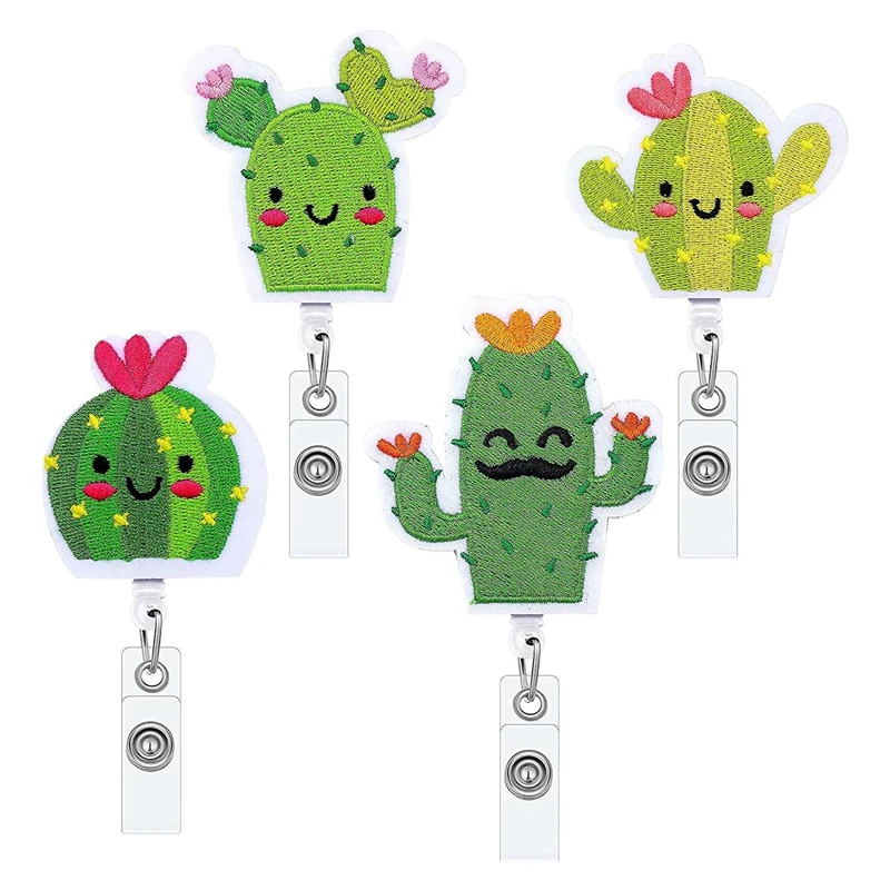 

4 PCS Retractable Badge Clip Cute Cactus Badge Reel Holder With Alligator Clip For Nurse Teacher Student