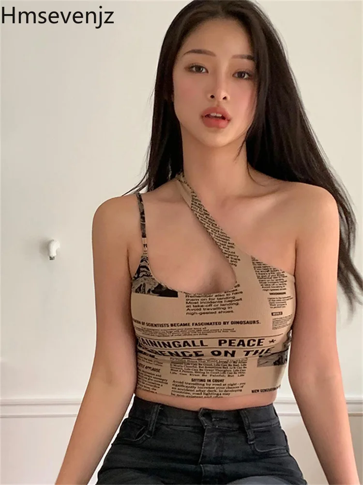Кроп-топ Hmsevenjz женский с вырезами блузка косым плечом и надписью в стиле ретро для