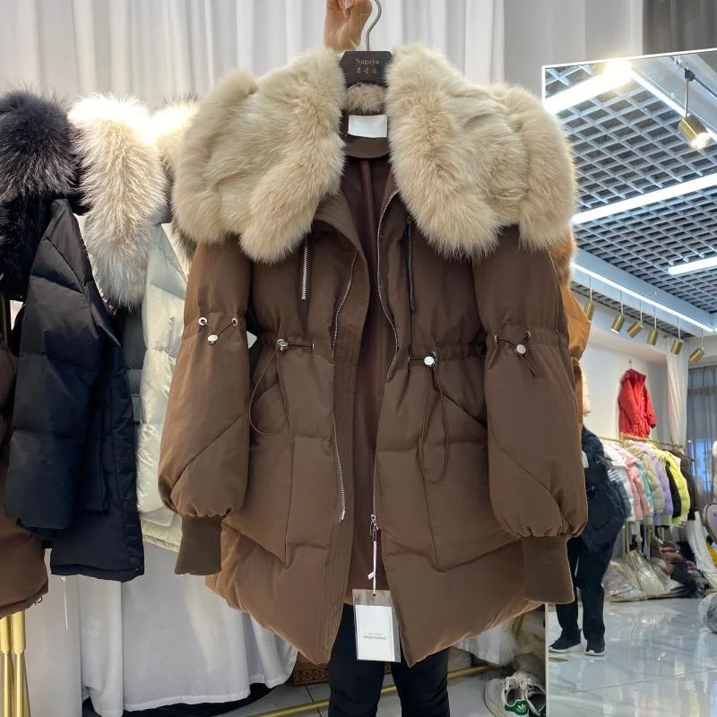 

Fox fur collar Female Big parkers women down jacket 2023 new fashion casual 90% white duck down long sleeve loose coat