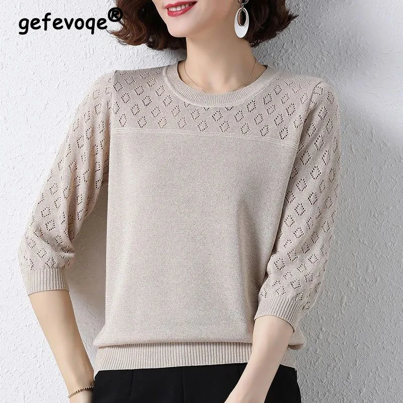 Женский трикотажный пуловер с круглым вырезом и рукавом 2024