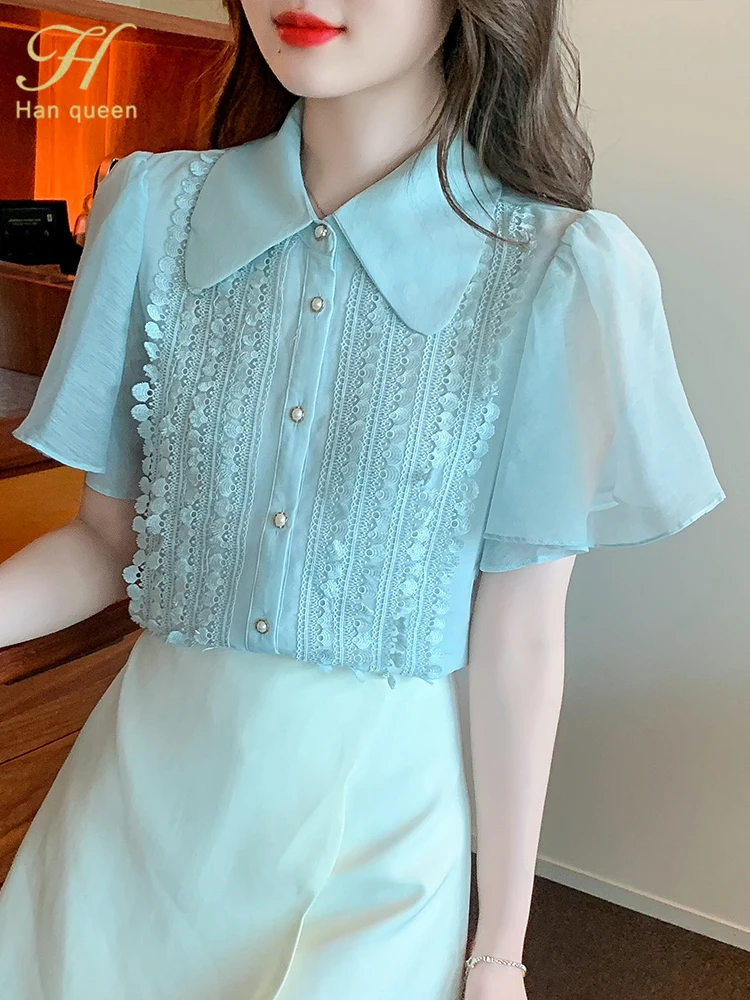 

Женская шифоновая блузка H Han Queen, винтажная блузка в офисном стиле, простая Базовая Элегантная блузка в Корейском стиле, Повседневная рубашка для лета