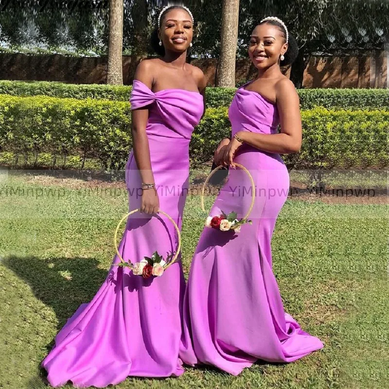 

Light Purple Mermaid Bridesmaid Dresses One Shulder Sweep Train Pleats Bow Wedding Guest Party Gowns Maid of Honor Dress Cheap