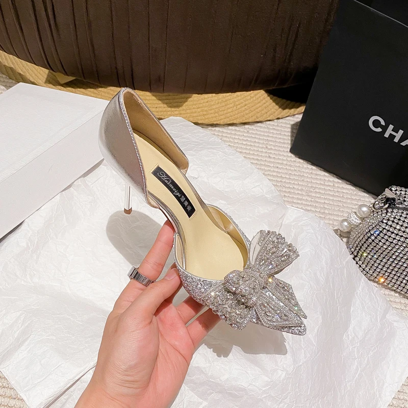 Spring And Summer New Women's High Heels High Quality Bow Tie Slim Pumps Sexy Party Women's Shoes Water Diamond Wedding Shoes