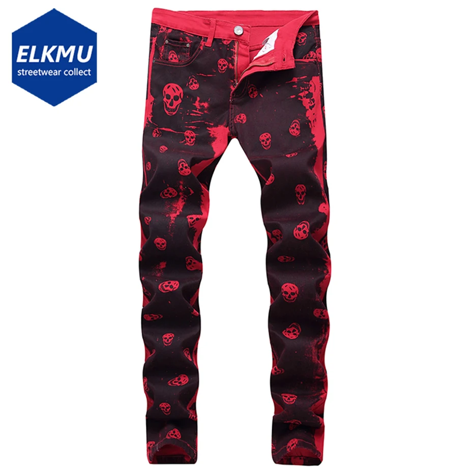

Fashion Skulls Printed Jeans Men Trend Red Slim Denim Pants