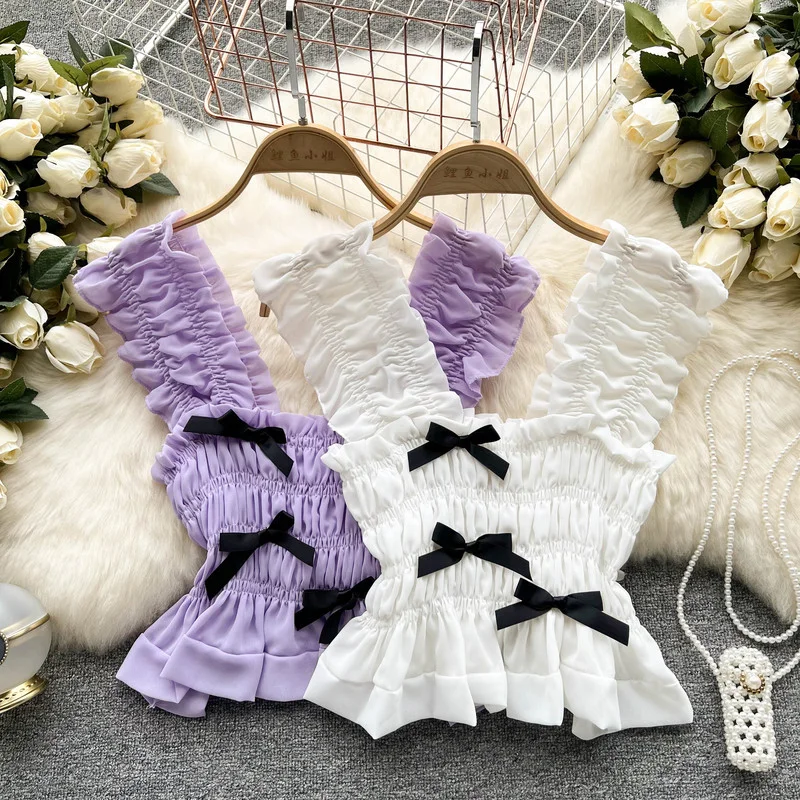 

Женская кружевная кофта с бантом, однотонная облегающая кофта с открытой спиной и оборками в Корейском стиле, лето