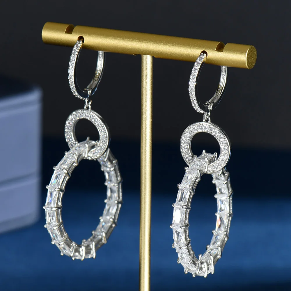 

HIBRIDE Simple Cycle Round Cubic Zirconia Dangle Drop Earrings for Women Bridal Wedding Jewelry aretes de mujer modernos E-1096