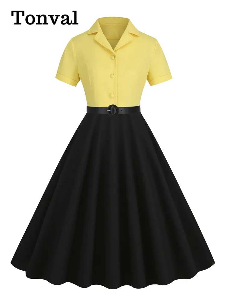 

Tonval Yellow and Black Two Tone 50s Rockabilly Cotton Long Dress Women Notched Collar Button Up Belted Formal Dresses