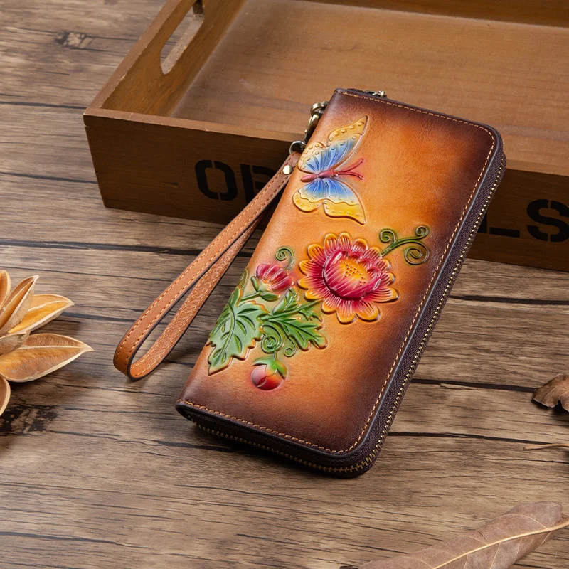 

Genuine Leather Women Long Wallet Clutch Bag Embossed Zipper Flower Famale Real Cowhide Money Handy Cards Wrist Bags Purse