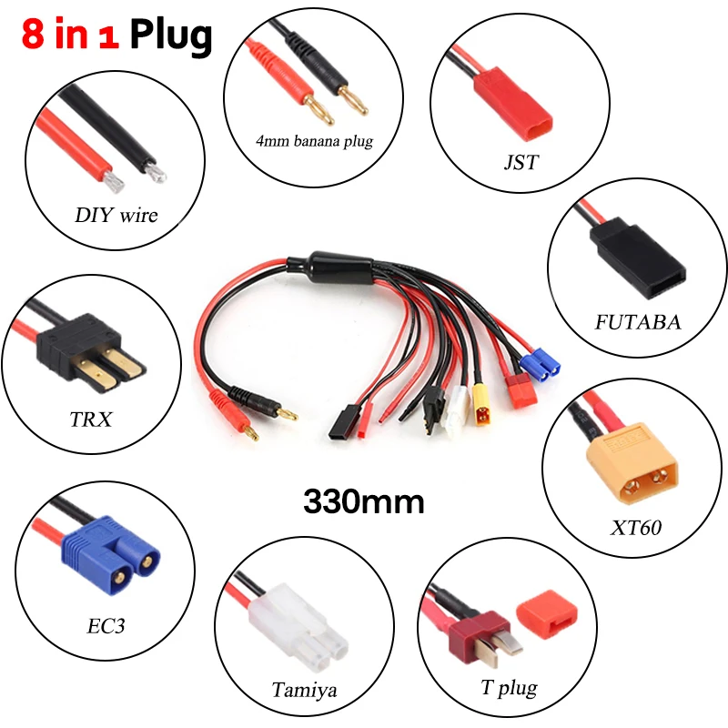

330mm 8 In 1 LiPo Battery Charging Cable Line T/XT60/JST Plug for RC Car Robot IMAX B6 B6AC 1S 2S 3S 4S 5S 6S Balance Charger