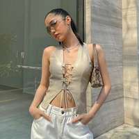2021 new y2k streetwear lace up pu leather vests vintage fashion v neck hollow out slit sleeveless crop tops summer casual