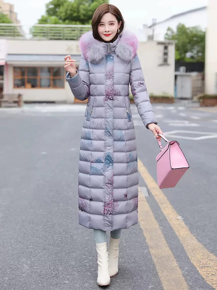 New Women Lengthened Down Coat Winter Fashion Real Fox Fur Collar Landscape Print Slim Down Jacket Thicken Warm Overcoat Female