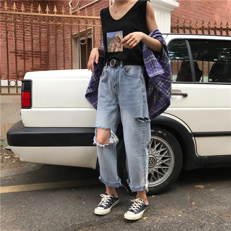 

Ripped Women's Jeans Summer High Waist Pants 2022 Streetwear Straight Denim Fashion Loose Trousers Ladies Button