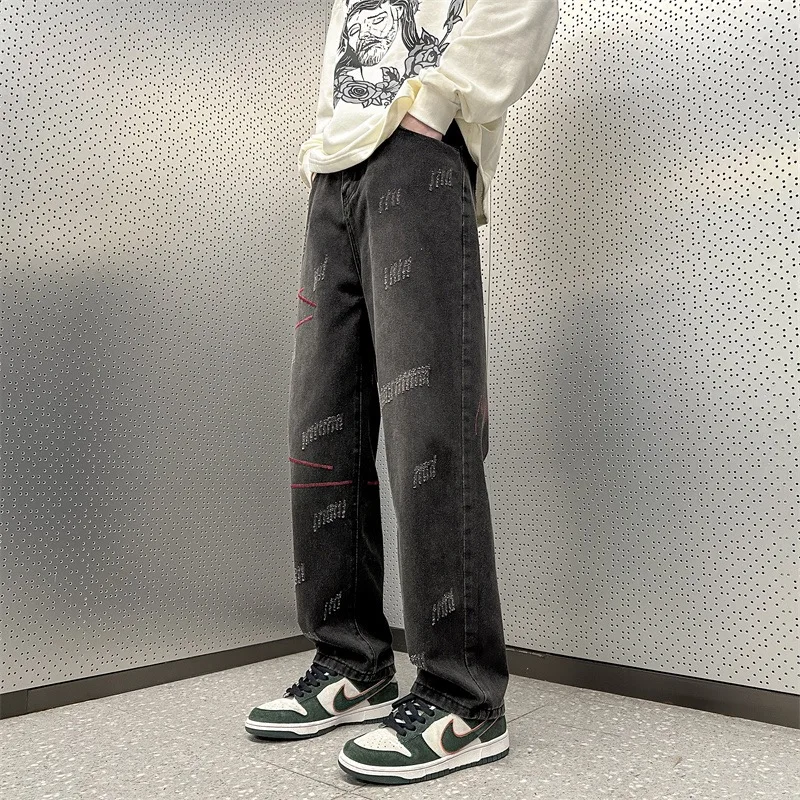 DEEPTOWN Embroidery Washed Jeans Black Blue Straight Leg Loose Casual Youth Denim Pants Streetwear Fashion Trousers Male Hip hop