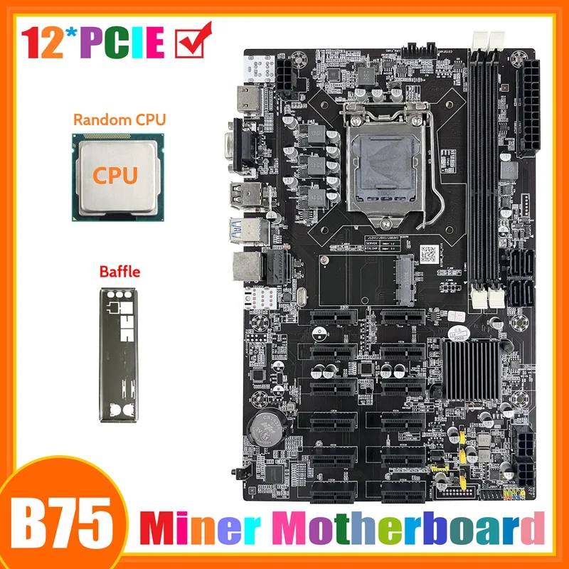 B75 12 PCIE ETH Mining Motherboard+CPU+Baffle LGA1155 MSATA USB3.0 SATA3.0 Support DDR3 RAM B75 BTC Miner Motherboard