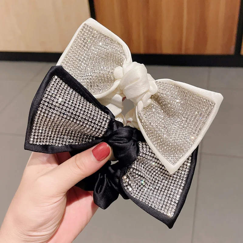 

Rhinestone Super Flash Temperament Black Bow Large Intestine Rubber Band Hair Ring Female New Style Tie Ball Hair Rope