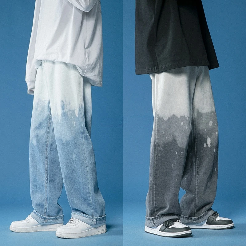 Men's Jeans Summer Fashion Tie-Dye Gradient Color Loose Jeans Korean Style Jeans Men's Casual Mid-Waist Wide-Leg Jeans Trousers
