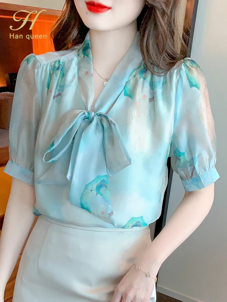 

Новинка 2022, Офисная рубашка H Han Queen, женские блузки, винтажные рабочие повседневные топы со шнуровкой и бантом, шифоновая блузка, элегантные ...