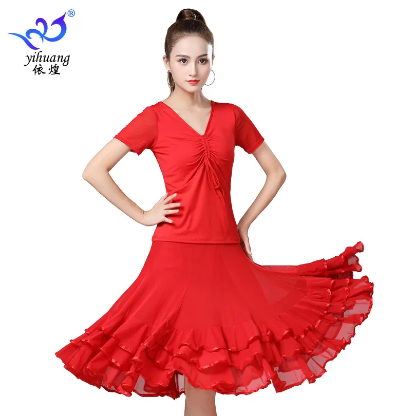 

1set/lot woman ballroom dancing suit female waltz dancing solid top and ruffles skirt