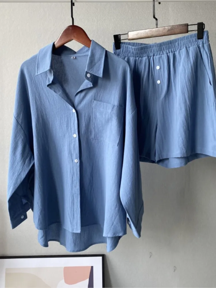 Модная рубашка с длинным рукавом и шорты комплекты из двух предметов 2024 женский