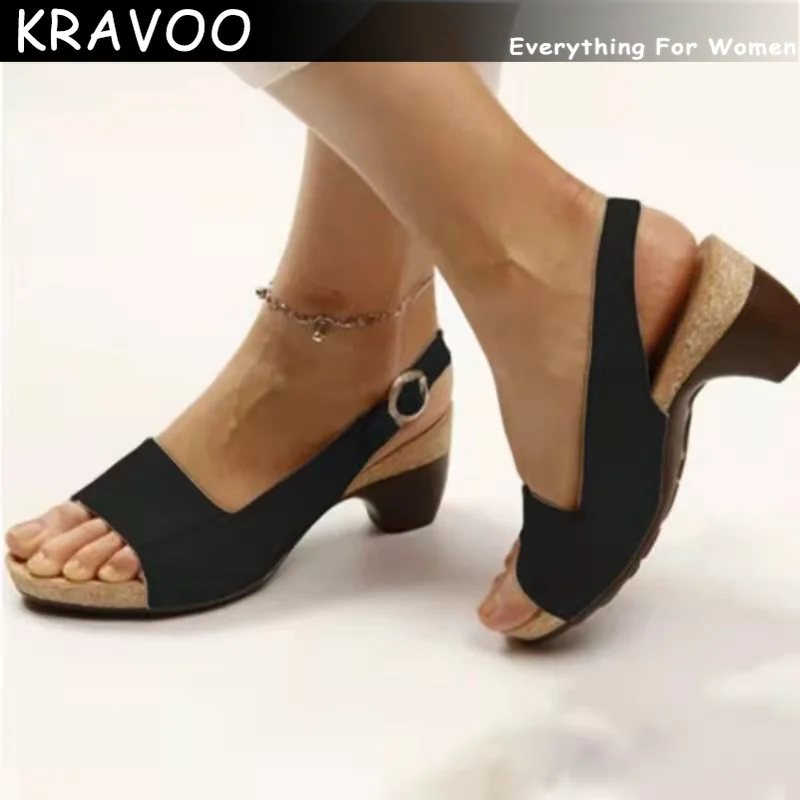 

KRAVOO Shoes for Women Peep Toe Sandals Women Beach Buckle Strap Female Slippers Wedges Ladies Shoes Middle Heel 2023 Summer