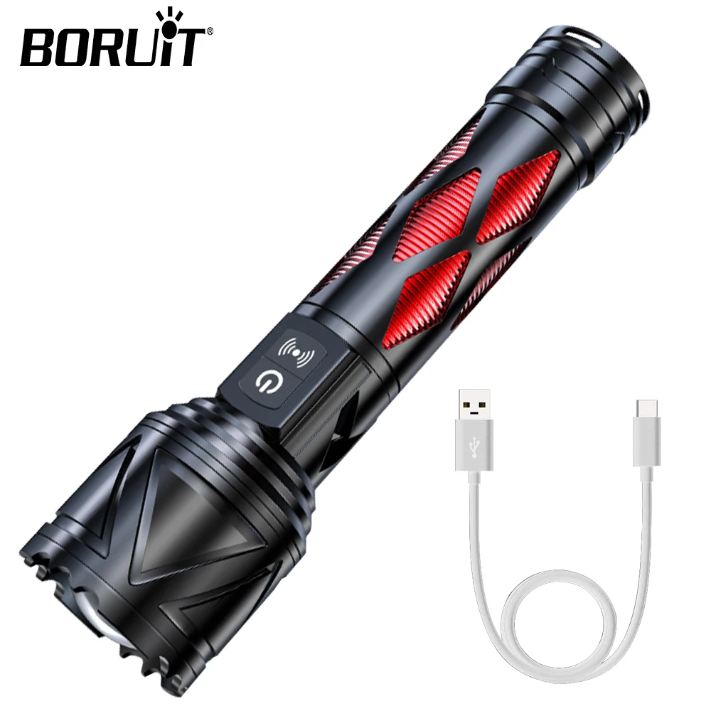 BORUiT 1000LM LED Zoom Flashlight Alarm Flashlight Tactical Flashlight USB-C Rechargeable Camping Light Waterproof Self Defense