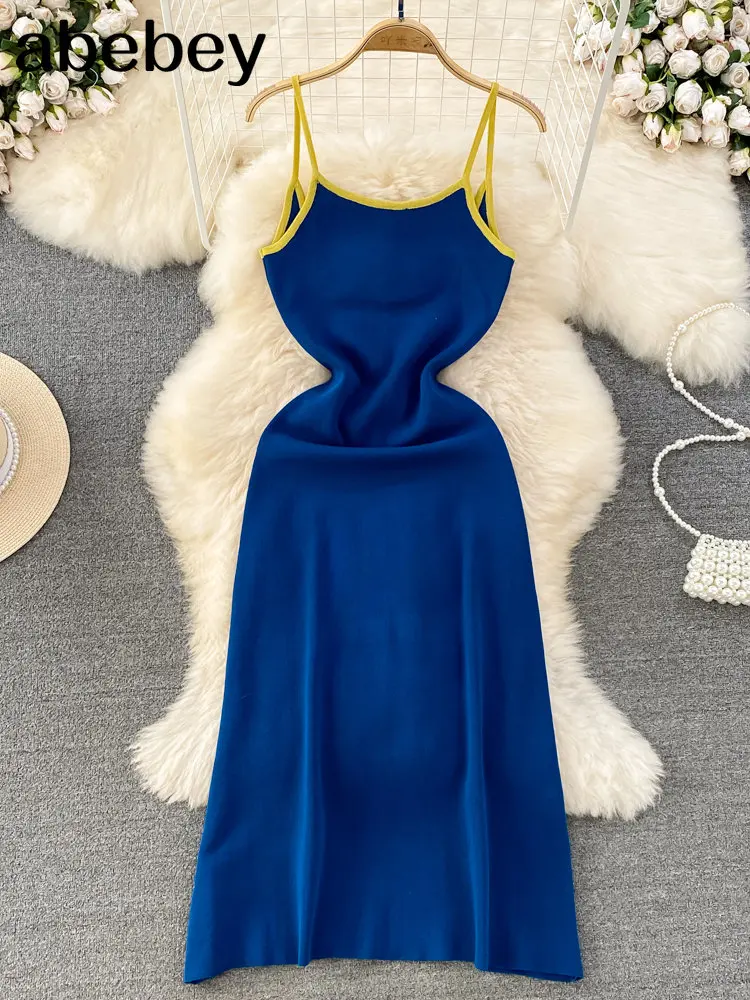 

Patchwork 2023 Sexy Summer Knit Strap Dress Women Tank Elatic Waist Bodycon Sundress Female Beach Backless Midi Dress