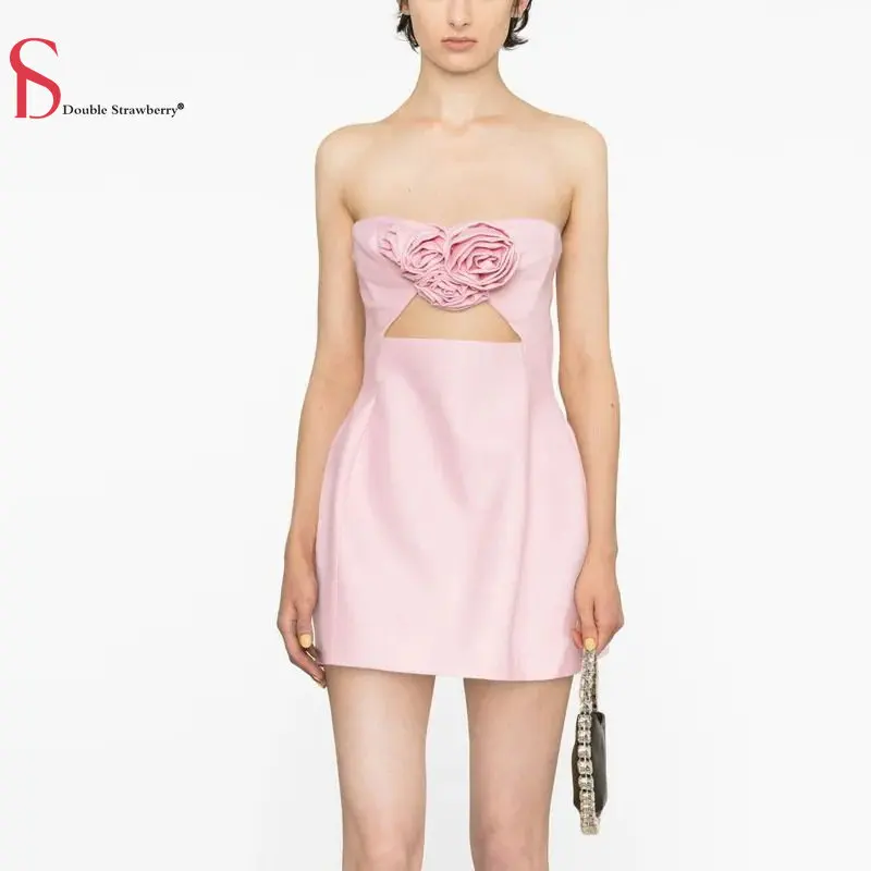 

High Quality Slim Dresses Women's Pink Rose Blossom Wrapped Chest Strapless Halter Party Bar Beach Dress