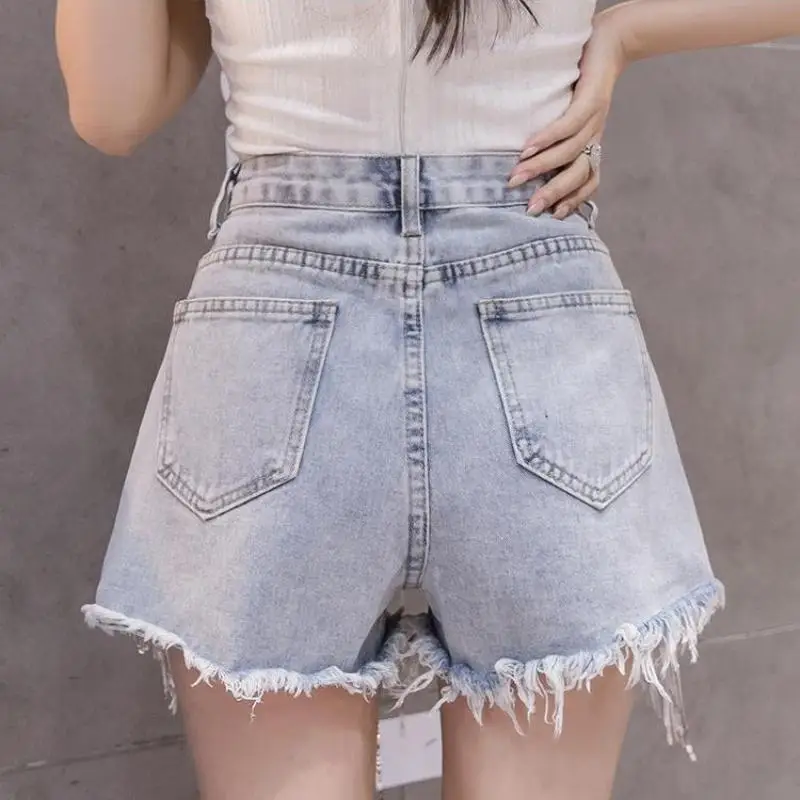 Casual Loose Jeans High Waist Pearl with Diamond Denim Shorts Women 2023Summer Female SequinTassel Denim Hot Pants Lady Clothing