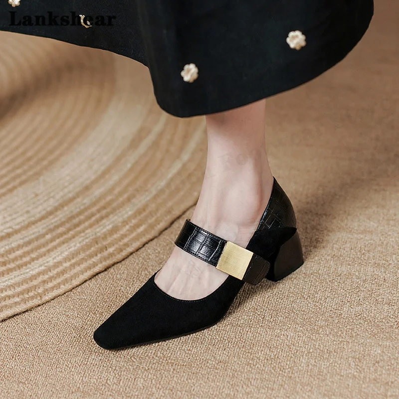 

Autumn New French Style Elegant High-Heeled Shoes Sheep Leather Pointy Toe Chunky Heel with A Medium Heel Single Shoe for Women