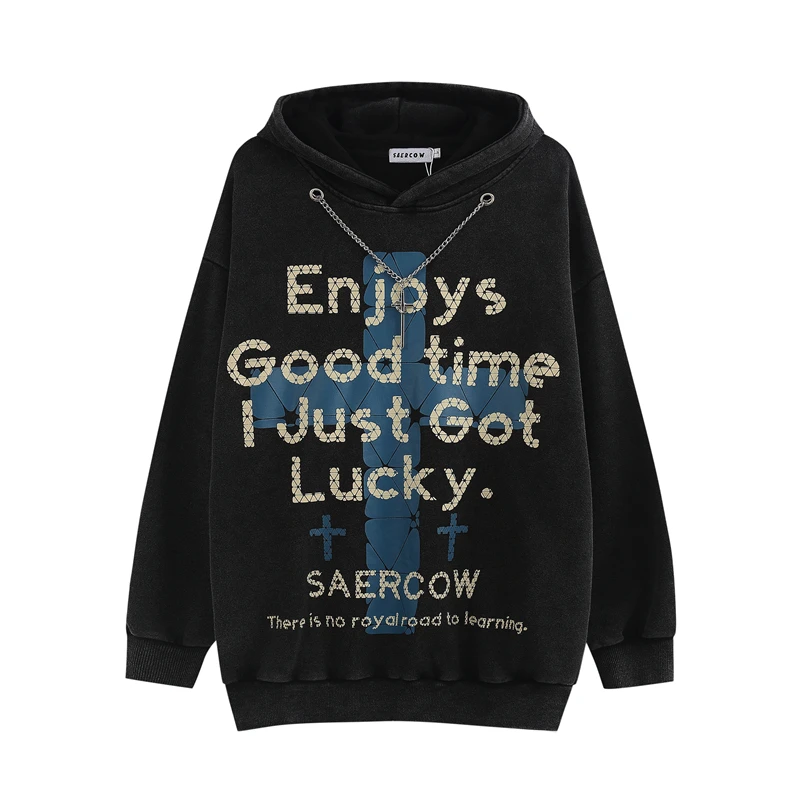 

Washed Retro Letter Necklace Pullover Men's Hoodies High Street Oversized Casual Baggy Hoody Harajuku Hip Hop Hooded Sweatshirts