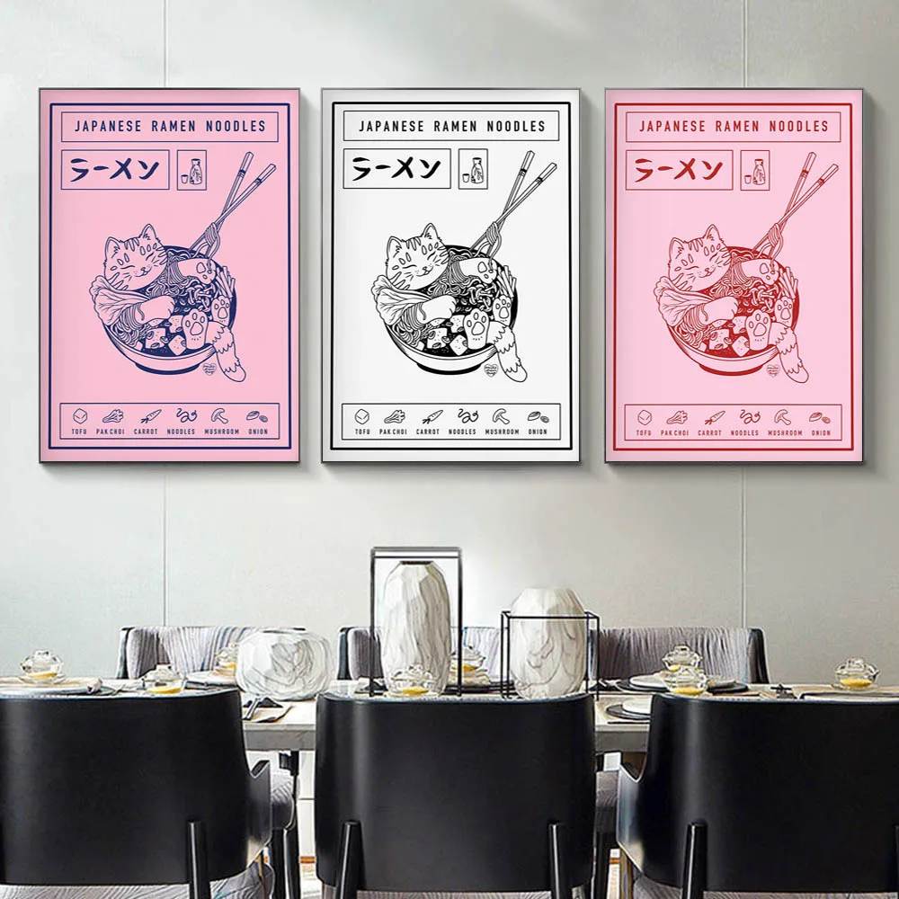 

Funny Japanese Ramen Noodles Art Posters Paintings Cartoon Cat Cuadros Print Mushroom Food Wall Pictures For Kitchen Room Decor