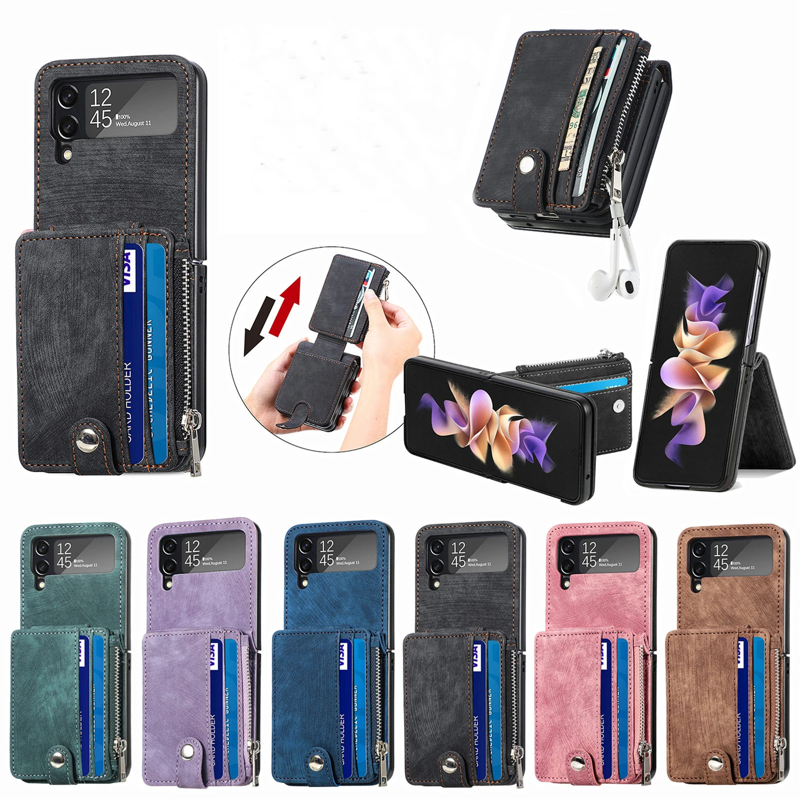 

Luxury Cards Holder Wallet Wristband Phone Case For Samsung Galaxy Z Flip 4 Flip3 5G Back Stand Shockproof Cover Fundas