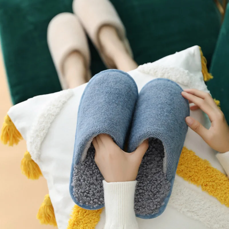 

House Furry Slippers Winter Home Solid Women Fur Slippers Warm Flock Plush Bedroom Ladies Flat Shoes Men Slides Couples Y