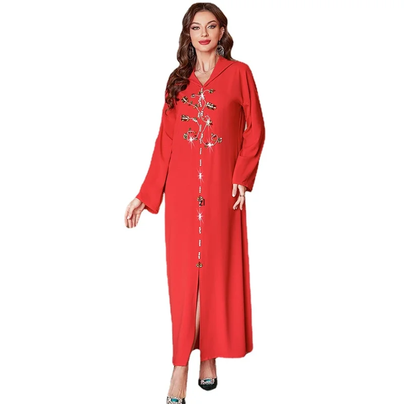 

Orange Red Hooded Abaya Dress for Women Middle East Arab Hand Sew Rhinestone Beaded Front Slit Moroccan Caftan Eid New