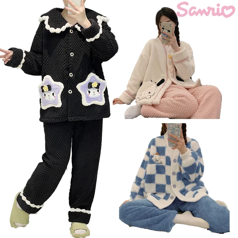 

Sanrio Cinnamoroll Kuromi Coral Fleece Pyjamas Women Winter Thickening Flannel Warm Soft Cute Cartoon My Melody Homewear Suit