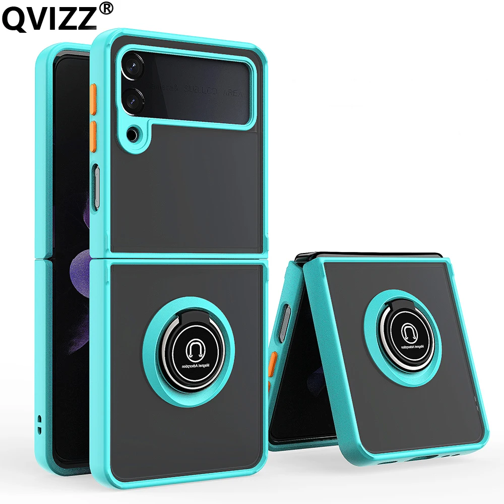 

Luxury Shockproof Case for Samsung Galaxy Z Flip 4 Matte Bracket Car Ring Holder Transparent Back Phone Cover for ZFlip4 ZFlip 4