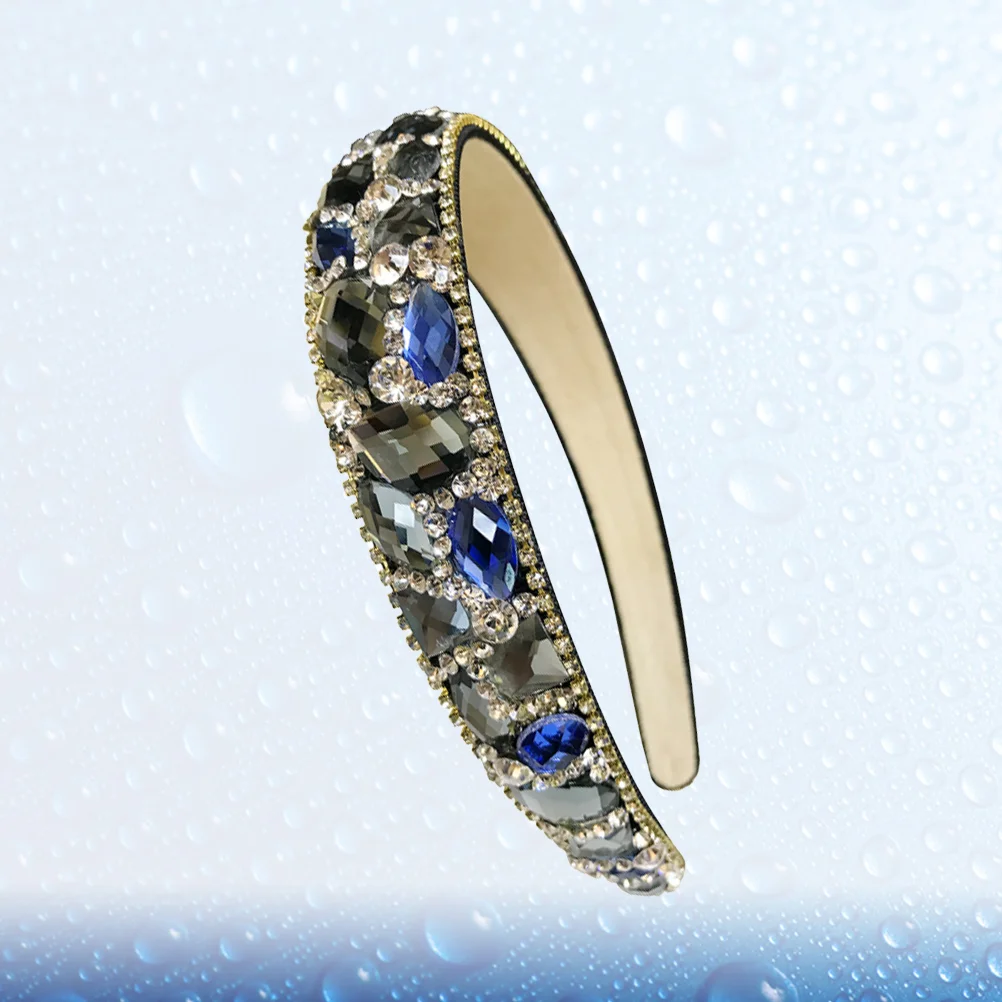 

Rhinestone Hair Hoops Wide-Edge Hair Band Crystal Headband Women Headwrap Vintage Headdress Blue
